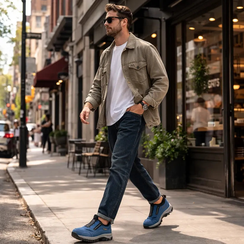 🎁 Oferta especial: 50% 🎁 Zapatos ortopédicos para caminar para hombre — Zapatos de gamuza cosidos a mano 👟 Impermeables y antideslizantes ✅ Soporte para el arco — Caminar cómodamente.