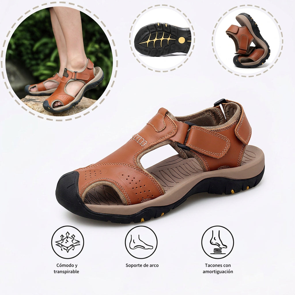 Sandalias con protección para los dedos: con soporte para el arco plantar, que alivia el dolor; ligeras y con amortiguación.