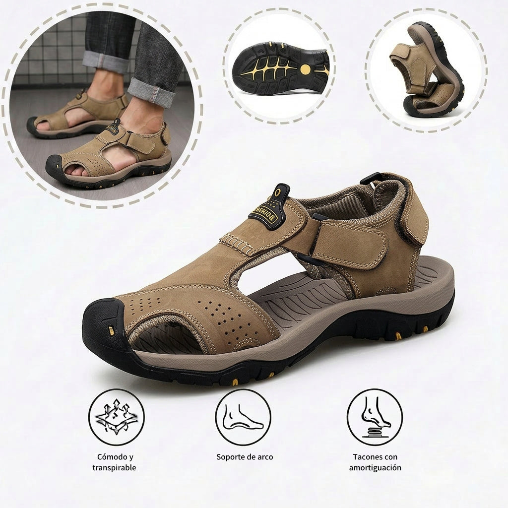 Sandalias con protección para los dedos: con soporte para el arco plantar, que alivia el dolor; ligeras y con amortiguación.