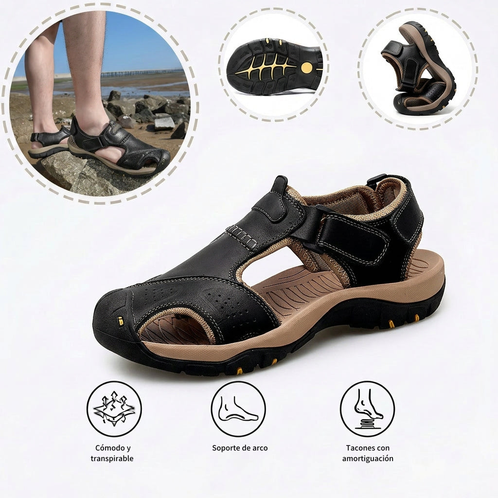 Sandalias con protección para los dedos: con soporte para el arco plantar, que alivia el dolor; ligeras y con amortiguación.