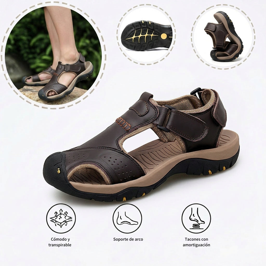 Sandalias con protección para los dedos: con soporte para el arco plantar, que alivia el dolor; ligeras y con amortiguación.