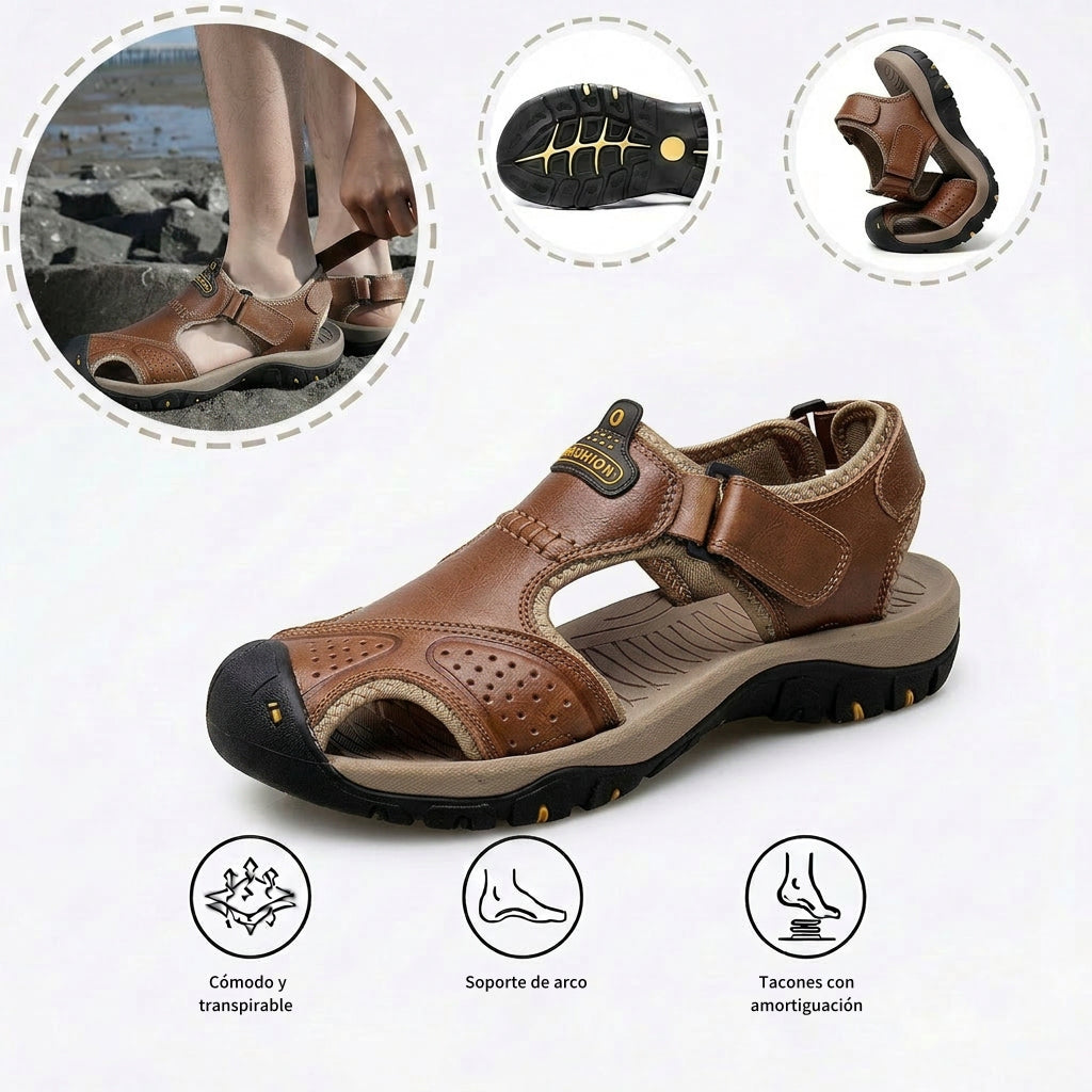 Sandalias con protección para los dedos: con soporte para el arco plantar, que alivia el dolor; ligeras y con amortiguación.