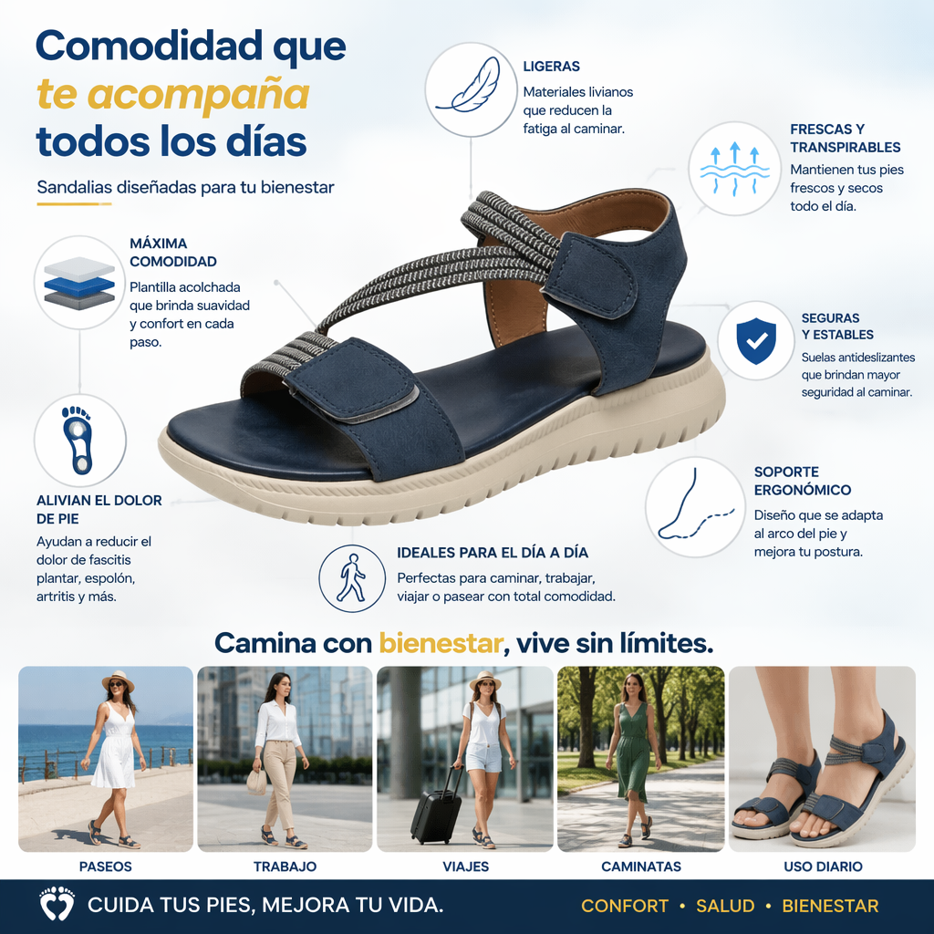 Sandalias ortopédicas cómodas: soporte ergonómico para el arco del pie, ancho ajustable y diseño que realza la silueta de la pierna.