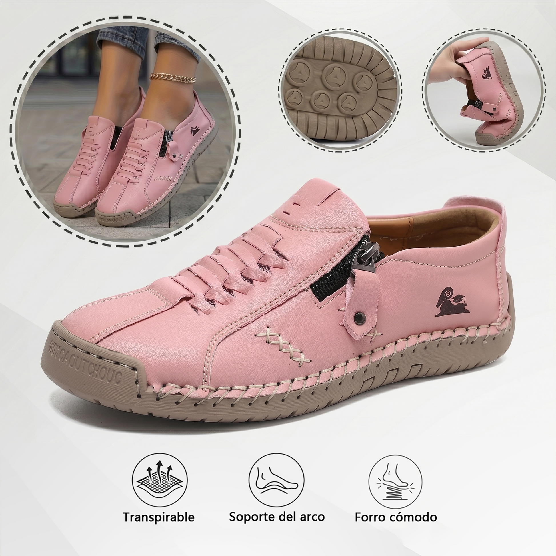 Mocasines de Piel con Cremallera para Mujer, Zapatos Cómodos Ergonómicos, Calzado Casual para Caminar Sin Cordones